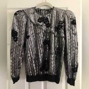 Vintage Lurex Foil Silver Black Velvet Rhinestone Blouse Sz M/L